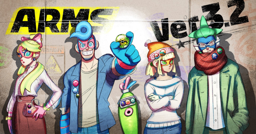 2girls 3boys arms_(game) badge bag beanie blonde_hair blue_eyes blue_hair button_badge casual cobushii_(arms) copyright_name dna_man_(arms) domino_mask dress goo_guy green_eyes green_hair handbag hat highres ishikawa_masaaki jacket looking_at_viewer mask min_min_(arms) monster_boy multicolored_hair multiple_boys multiple_girls ninjara_(arms) nintendo official_art pompadour ribbon_girl_(arms) scarf smile spring_man_(arms) sweater two-tone_hair