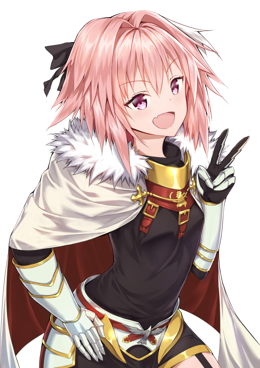 1boy absurdres androgynous armor black_bow black_skirt bow braid cape fang fate/apocrypha fate_(series) faulds garter_straps gauntlets hair_intakes hair_ribbon highres looking_at_viewer multicolored_hair open_mouth pink_hair ribbon rider_of_black simple_background single_braid skirt smile solo streaked_hair trap upper_body v violet_eyes white_background yasei_no_chimpanzee