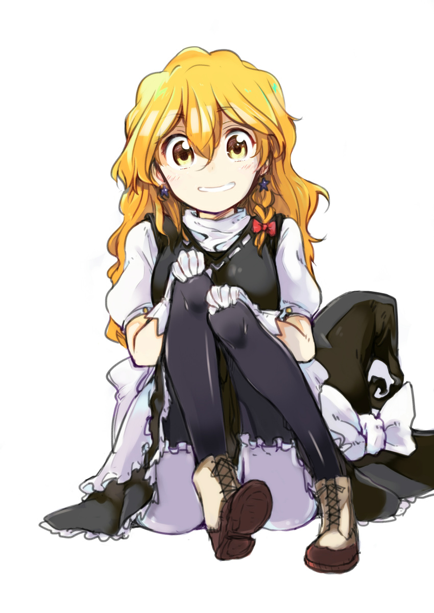 1girl absurdres ankle_boots blonde_hair bloomers blush boots breasts earrings gloves grin hat hat_removed headwear_removed highres ikki3nomi jewelry kirisame_marisa looking_at_viewer medium_breasts no_hat no_headwear pantyhose pantyhose_under_shorts sitting skirt skirt_set smile solo star star_earrings touhou turtleneck underwear wavy_hair white_gloves witch_hat yellow_eyes
