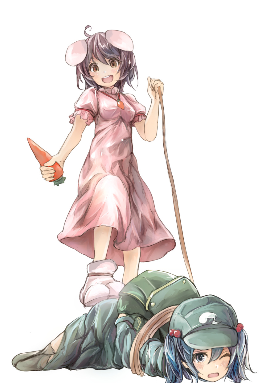 2girls animal_ears backpack bag black_hair blue_eyes blue_hair bound breasts brown_eyes carrot commentary_request dress food green_hat hair_bobbles hair_ornament hat highres holding holding_food inaba_tewi kawashiro_nitori looking_at_viewer multiple_girls one_eye_closed pink_dress puffy_short_sleeves puffy_sleeves rabbit_ears rope shimada_sara short_hair short_sleeves small_breasts smile standing touhou transparent_background two_side_up