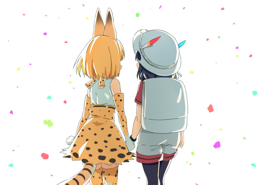 2girls :d animal_ears backpack bag bangs bare_shoulders black_hair black_legwear bucket_hat confetti cowboy_shot elbow_gloves facing_away from_behind gloves grey_shorts hand_holding hat hat_feather high-waist_skirt highres kaban_(kemono_friends) kemono_friends multiple_girls open_mouth orange_gloves orange_hair orange_legwear orange_skirt pantyhose red_shirt serval_(kemono_friends) serval_ears serval_print serval_tail shirt short_hair short_sleeves shorts skirt sleeveless sleeveless_shirt smile standing tail thigh-highs tomato_(lsj44867) walking white_background white_hat white_shirt