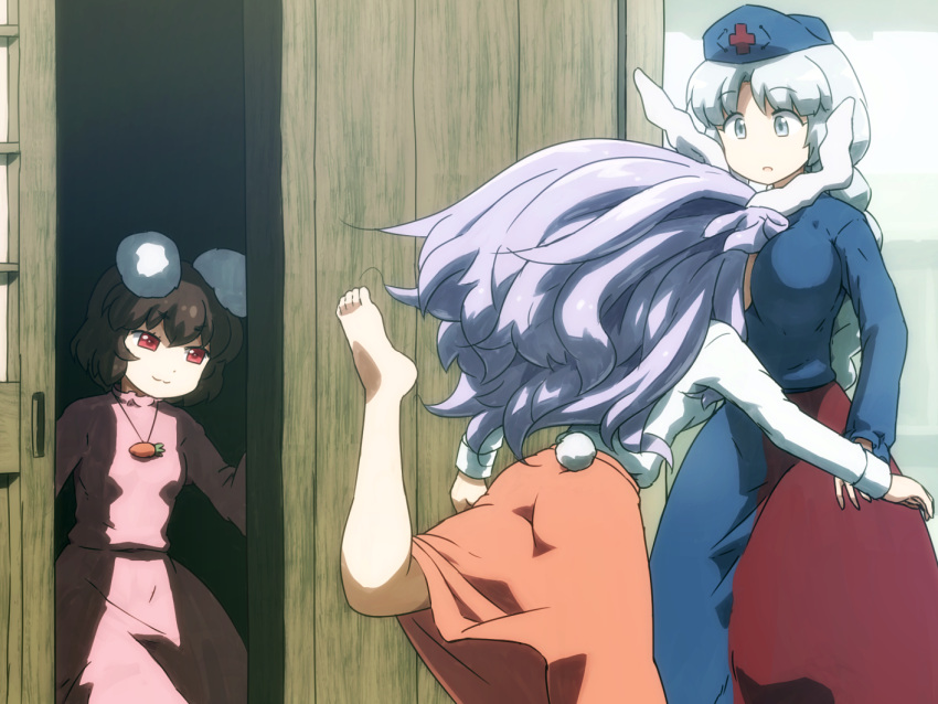 3girls :3 animal_ears ass barefoot between_breasts black_hair breasts bunny_tail carrot_necklace closed_mouth door dress grey_eyes hat head_between_breasts inaba_tewi large_breasts long_hair long_sleeves multiple_girls nurse_cap pink_dress purple_hair rabbit_ears red_eyes reisen_udongein_inaba revision shirosato silver_hair skirt smug tail touhou tripping yagokoro_eirin