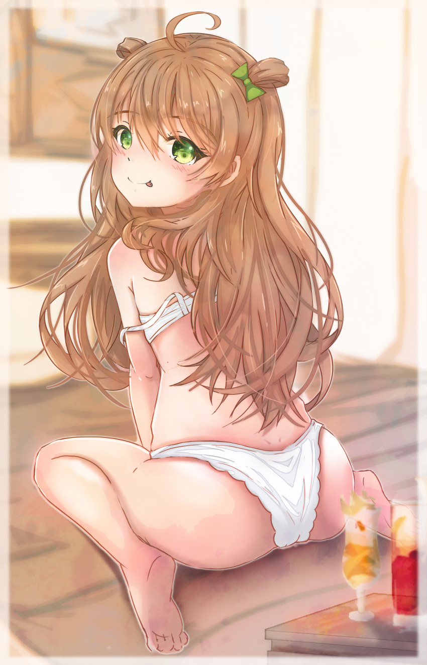 1girl :p absurdres ahoge ass bangs bare_arms bare_legs bare_shoulders barefoot blush bow bra brown_hair closed_mouth commentary eyebrows_visible_through_hair from_behind girls_frontline green_bow green_eyes hair_between_eyes hair_bow head_tilt highres indoors long_hair looking_at_viewer looking_back on_floor panties rfb_(girls_frontline) shou_zong sitting smile soles solo strap_slip tongue tongue_out underwear underwear_only very_long_hair wariza white_bra white_panties