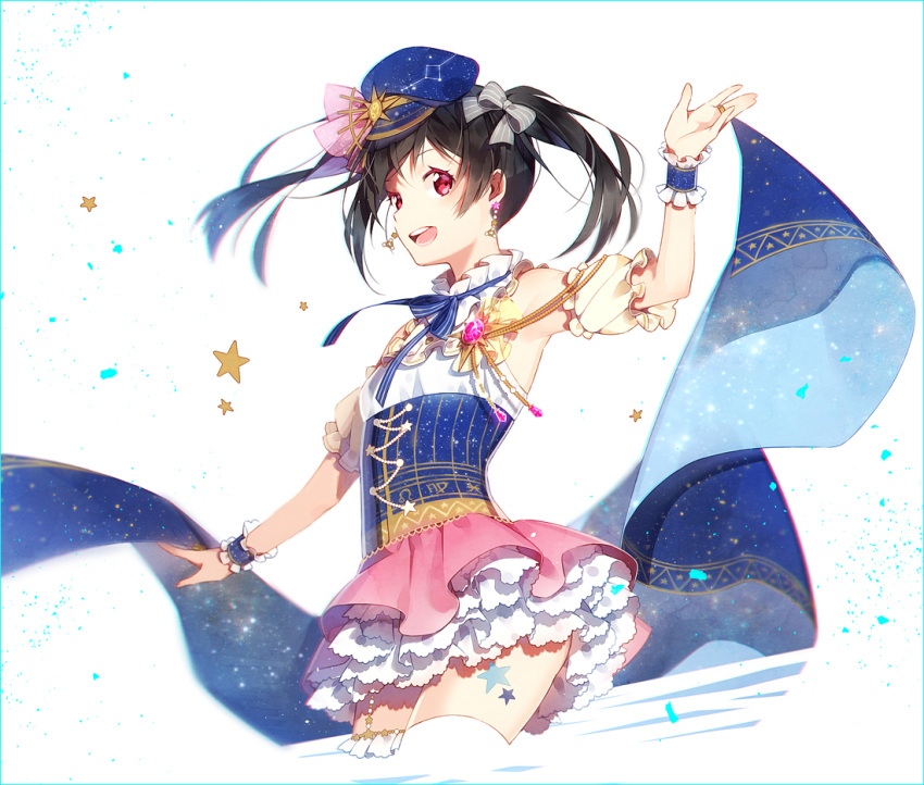 1girl :d armband armpits bad_id bad_pixiv_id bangs black_hair blue_neckwear blurry border bow brooch confetti constellation constellation_costume depth_of_field detached_sleeves earrings frilled_shirt_collar frilled_skirt frilled_sleeves frills garter_straps grey_bow hair_bow hair_ornament hakusai_(tiahszld) hat jewelry leg_tattoo looking_at_viewer love_live! love_live!_school_idol_festival love_live!_school_idol_project neck_ribbon open_mouth print_hat red_eyes revision ribbon ring skirt smile solo space_print star starry_sky_print striped striped_neckwear striped_ribbon tattoo thigh-highs twintails white_background white_legwear wrist_cuffs wristband yazawa_nico zettai_ryouiki zodiac
