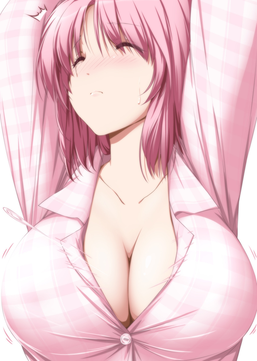 /\/\/\ 1girl arms_up bangs blush breasts bursting_breasts buttons cleavage closed_eyes closed_mouth collarbone collared_shirt commentary_request eyebrows_visible_through_hair frown highres large_breasts no_bra nori_tamago nose_blush pajamas pink_hair pink_pajamas popped_button saigyouji_yuyuko shirt short_hair simple_background solo speed_lines sweat touhou upper_body white_background