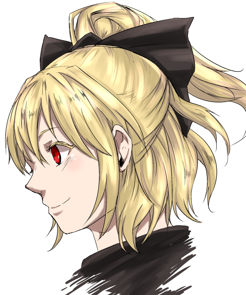 1girl absurdres bangs black_bow blonde_hair blush bow brown_dress closed_mouth commentary_request dress face hair_between_eyes hair_bow highres kurodani_yamame lian_gui nose ponytail profile red_eyes short_hair sidelocks simple_background smile solo touhou turtleneck white_background