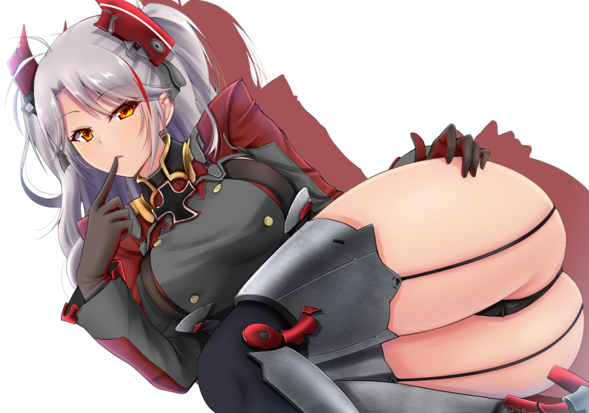 1girl antenna_hair ass azur_lane bangs black_jacket black_legwear black_panties breasts brown_gloves denpa_(denpae29) eyebrows_visible_through_hair finger_to_mouth garter_straps gloves hand_on_own_ass hand_up headgear huge_ass iron_cross jacket large_breasts long_hair long_sleeves looking_at_viewer lying military military_uniform on_side orange_eyes panties parted_bangs parted_lips prinz_eugen_(azur_lane) shadow shiny shiny_hair silver_hair simple_background skindentation solo taut_clothes thigh-highs two_side_up underwear uniform white_background