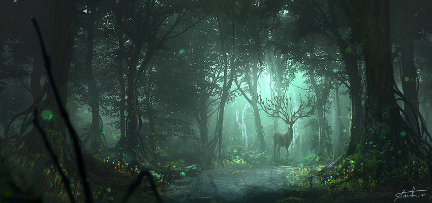 antlers blurry deer depth_of_field forest green highres light light_particles looking_at_viewer masahiro_sawada mononoke_hime nature no_humans reflection scenery shishigami_(mononoke_hime) signature stream tree water