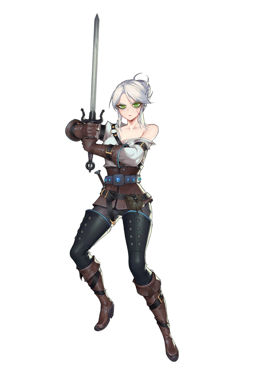 1girl arm_belt bare_shoulders belt black_pants boots brown_footwear chaps ciri corset eyeshadow fj_wu_cheng'en full_body green_eyes hair_bun highres holding holding_sword holding_weapon looking_at_viewer makeup pants pouch scar scar_across_eye shirt short_hair silver_hair simple_background solo stance sword the_witcher the_witcher_3 weapon white_background white_shirt