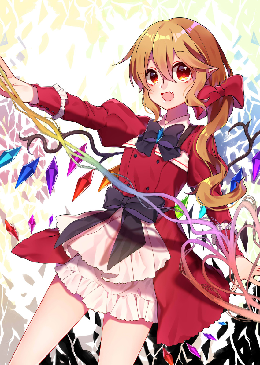 1girl absurdres alternate_costume alternate_eye_color bangs black_ribbon blonde_hair blush bow brooch dress fang flandre_scarlet gradient_eyes hair_bow highres jewelry juliet_sleeves laevatein long_ponytail long_sleeves looking_at_viewer multicolored multicolored_eyes no_hat no_headwear open_mouth orange_eyes puffy_sleeves rainbow_background rainbow_order red_dress red_eyes renka_(sutegoma25) ribbon shiny shiny_hair short_dress short_hair side_ponytail sidelocks smile solo touhou white_background wings yellow_eyes