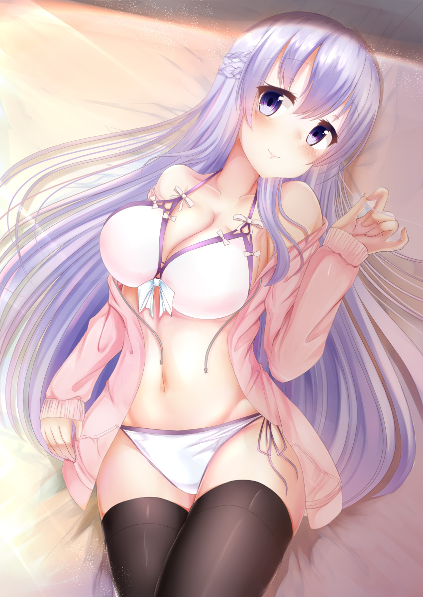 1girl absurdres azur_lane bed_sheet black_legwear blush braid breasts cleavage collarbone commentary_request french_braid highres hiragi_ringo large_breasts long_hair looking_at_viewer lying navel on_back purple_hair rodney_(zhan_jian_shao_nyu) smile solo thigh-highs violet_eyes