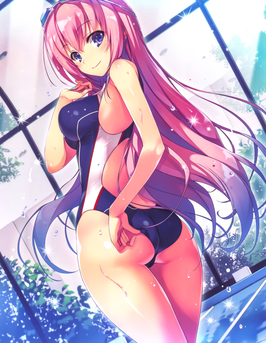 1girl absurdres adjusting_clothes adjusting_swimsuit ass bangs blue_eyes blush breasts eyebrows_visible_through_hair goggles goggles_on_head highres huge_filesize ichinose_honami_(youjitsu) impossible_clothes large_breasts long_hair looking_at_viewer looking_back official_art one-piece_swimsuit pink_hair pool shiny smile solo sparkle swimsuit tomose_shunsaku very_long_hair youkoso_jitsuryoku_shijou_shugi_no_kyoushitsu_e