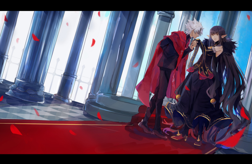 1boy 1girl assassin_of_red black_dress black_hair boots bridal_gauntlets cape closed_eyes dark_skin dress earrings elbow_gloves fate/apocrypha fate_(series) fur_trim gloves hand_kiss high_heel_boots high_heels jewelry kiss kotomine_shirou long_hair pillar pointy_ears qniokun spikes spiky_hair very_long_hair white_hair yellow_eyes