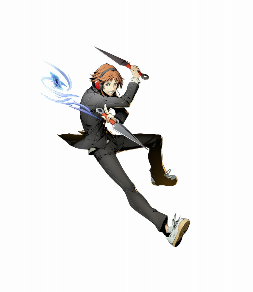 1boy blazblue:_cross_tag_battle dual_wielding grin hanamura_yousuke headphones highres higuchi_konomi kunai official_art persona persona_4:_the_ultimate_in_mayonaka_arena shoes smile sneakers solo weapon