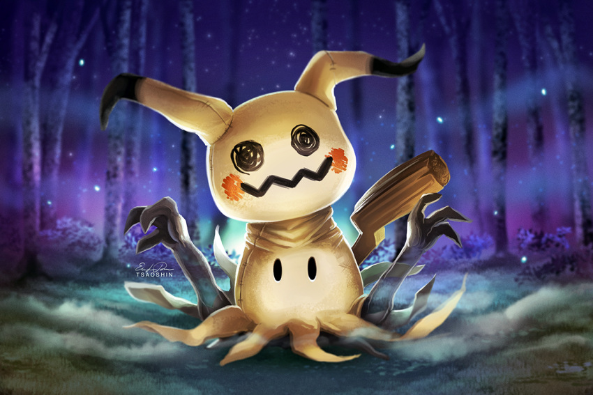 claws eric_proctor forest full_body looking_at_viewer mimikyu nature no_humans outdoors pokemon pokemon_(creature) signature solo tail
