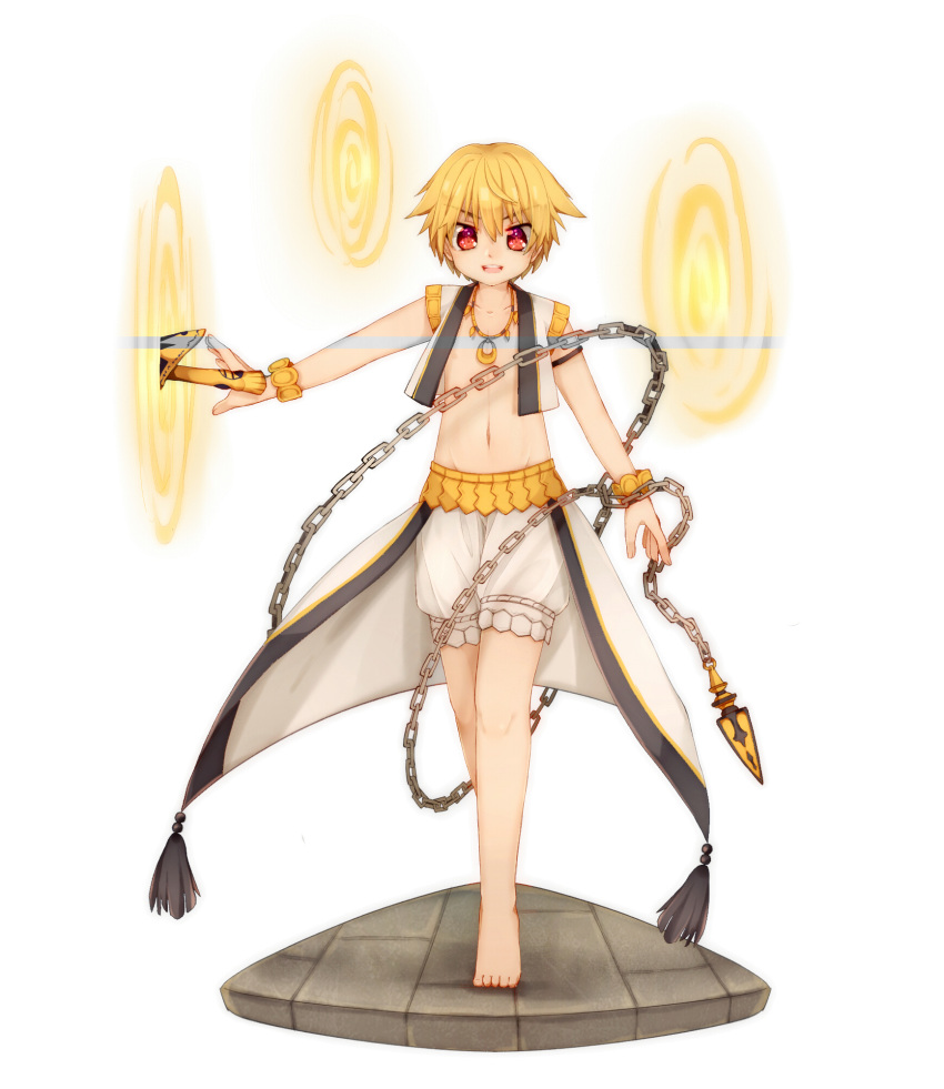 1boy barefoot blonde_hair chain child_gilgamesh enkidu_(weapon) eyuzi_i fate/grand_order fate_(series) gate_of_babylon hair_between_eyes highres looking_at_viewer male_focus navel red_eyes shorts solo vest