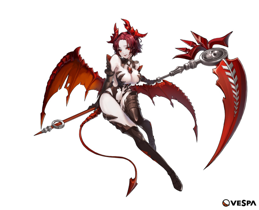 1girl bare_shoulders between_breasts breasts company_name demon_girl demon_horns demon_tail demon_wings detached_collar elbow_gloves epis_(king's_raid) ezu_(leejiyu) full_body gem gloves highres horns king's_raid large_breasts looking_at_viewer navel official_art pale_skin red_eyes red_lips redhead revealing_clothes scythe short_hair smile solo tail torn_wings transparent_background wings