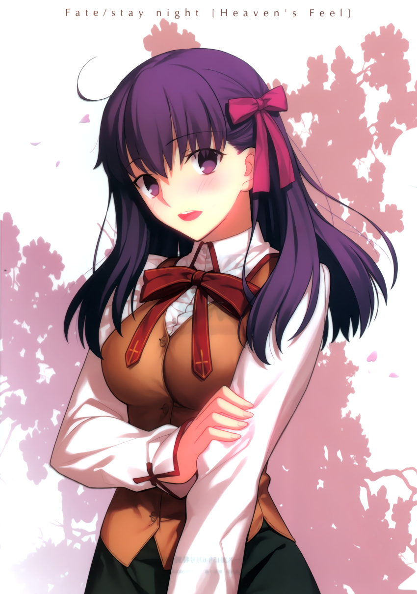 1girl :d absurdres ahoge bangs blush bow breasts brown_vest collared_shirt copyright_name eyebrows_visible_through_hair fate/stay_night fate_(series) hair_ribbon hand_on_own_arm highres long_hair long_sleeves looking_at_viewer matou_sakura medium_breasts neck_ribbon open_mouth petals pink_bow purple_hair red_ribbon ribbon scan school_uniform shirt sketch smile solo standing takeuchi_takashi two-tone_background upper_body vest violet_eyes white_shirt wing_collar