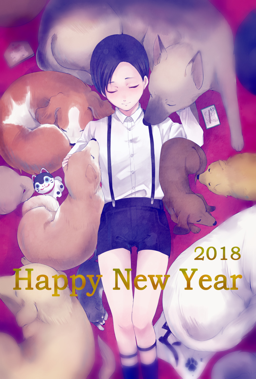 2018 absurdres androgynous black_hair black_pants black_shorts card closed_eyes dog happy_new_year highres lying nengajou new_year on_back pants petting ronisuke shirt shorts suspenders white_shirt