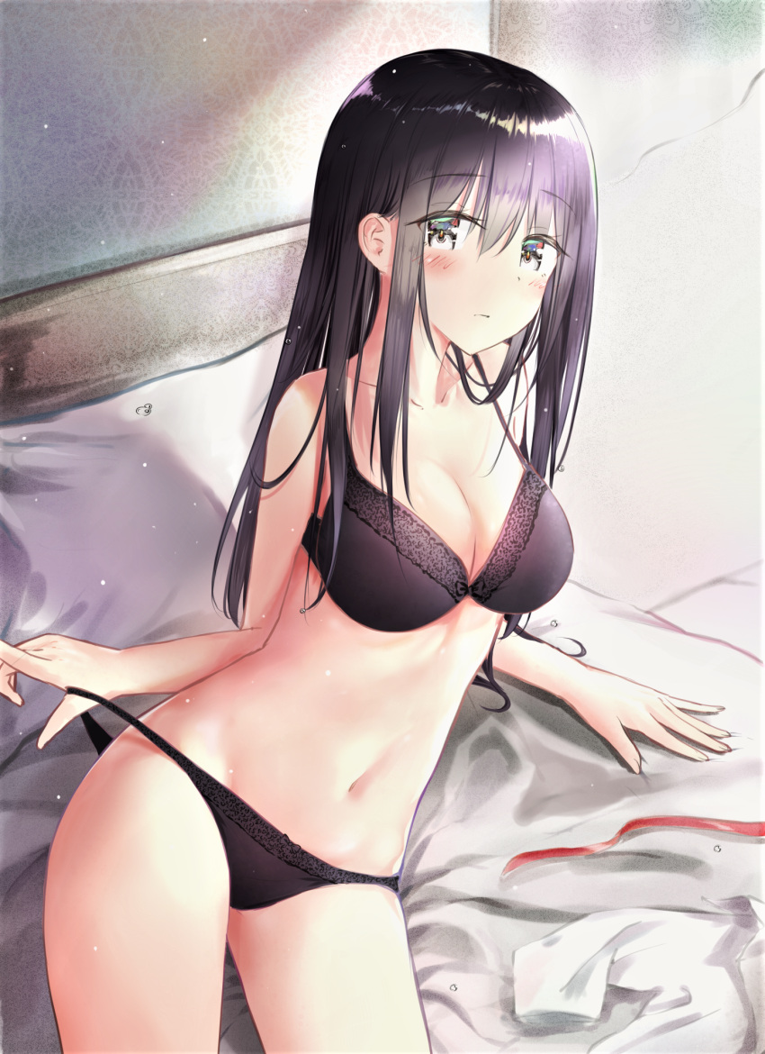 1girl arm_support bangs bare_arms bare_shoulders bed bed_sheet black_bra black_panties blush bra breasts cleavage closed_mouth collarbone eyebrows_visible_through_hair hair_between_eyes highres indoors kayakooooo long_hair looking_at_viewer lying medium_breasts navel on_bed on_side original panties panty_pull pillow shiny shiny_hair shirt shirt_removed solo stomach underwear underwear_only white_shirt