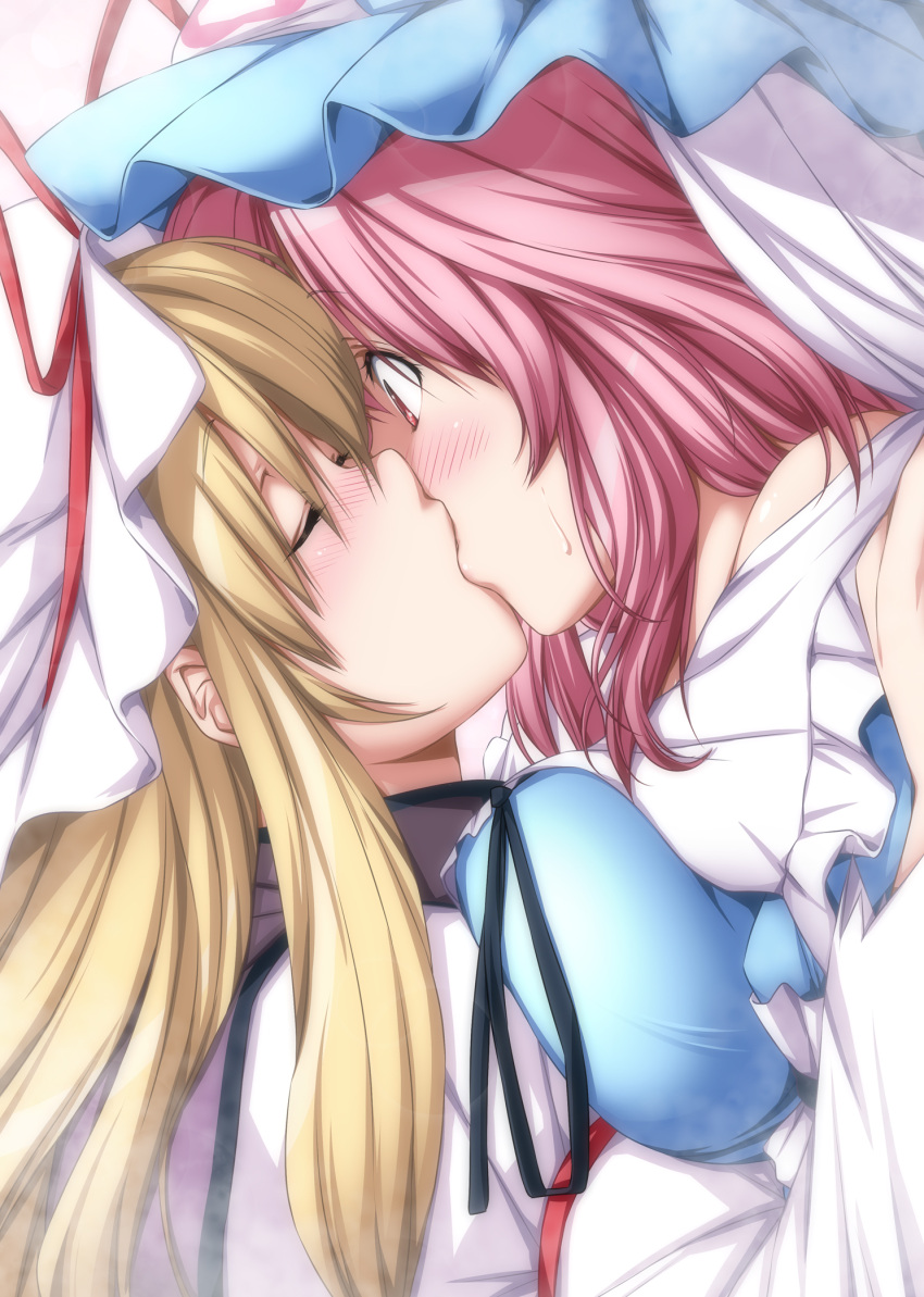 2girls blonde_hair blush breast_press breasts closed_eyes commentary french_kiss from_side hat hat_ribbon highres kiss large_breasts long_hair mob_cap multiple_girls nori_tamago pink pink_hair profile red_eyes ribbon saigyouji_yuyuko sweat tareme touhou upper_body work_in_progress yakumo_yukari yuri