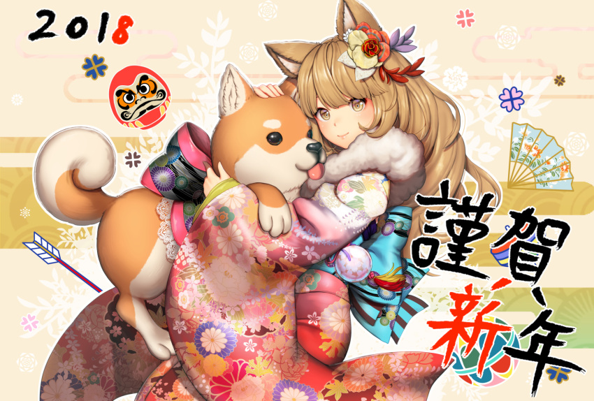 1girl 2018 animal animal_ears arrow brown_eyes brown_hair daruma_doll dog dog_ears fan floral_print flower furisode hair_flower hair_ornament happy_new_year highres holding holding_animal japanese_clothes kimono looking_at_viewer nengajou new_year original paper_fan smile tongue tongue_out translated y.i._(lave2217)