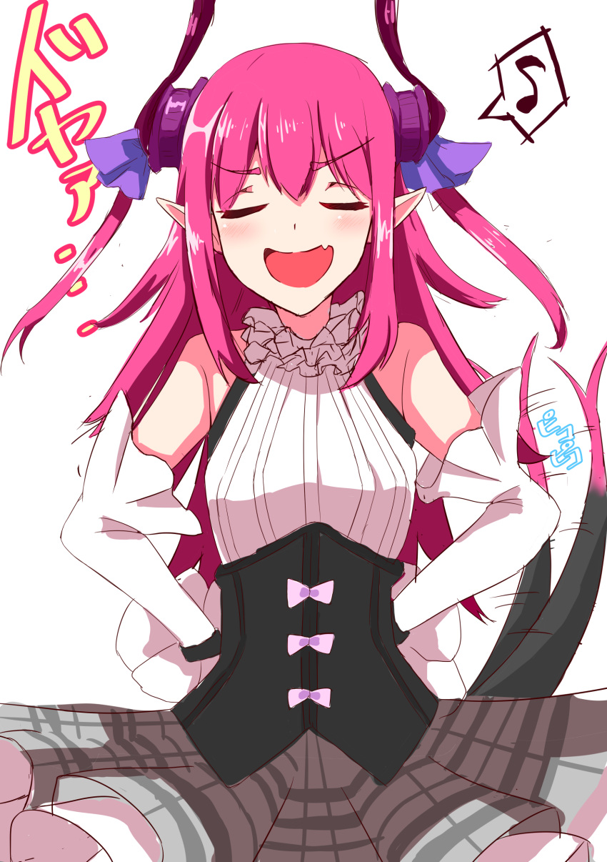 1girl absurdres bare_shoulders blush bow closed_eyes commentary_request corset curled_horns dragon_horns dragon_tail elbow_gloves expressive_tail fang fate/extra fate/extra_ccc fate/grand_order fate_(series) gloves guritto hands_on_hips highres horns lancer_(fate/extra_ccc) long_hair musical_note open_mouth pink_hair plaid plaid_skirt pointy_ears sketch skirt smile solo spoken_musical_note tail tail_wagging translation_request white_background
