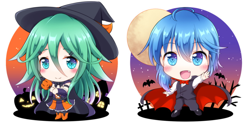 2girls :d ahoge alternate_costume bat black_cape blue_eyes blue_hair cape chibi commentary_request detached_sleeves fang full_moon green_hair gu-rahamu_omega_x hair_ornament hairclip halloween hat holding jack-o'-lantern kantai_collection long_hair minazuki_(kantai_collection) moon multiple_girls open_mouth short_hair smile wand witch_hat yamakaze_(kantai_collection)