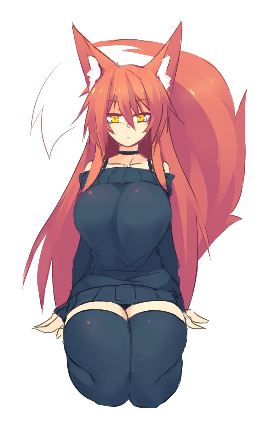 1girl animal_ears bangs bare_shoulders black_legwear black_neckwear black_sweater breasts choker commentary eyebrows_visible_through_hair fox_ears fox_girl fox_tail frown full_body hair_between_eyes highres large_breasts long_hair long_sleeves looking_at_viewer original redhead seiza simple_background sitting sketch solo sub-res sweater sweater_vest tail thigh-highs white_background yellow_eyes