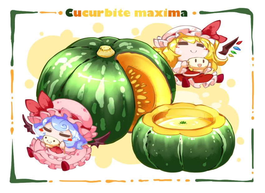 2girls :3 =_= bat_wings blonde_hair blue_hair blush_stickers bow chibi closed_eyes commentary_request crystal cup flandre_scarlet food hat hat_bow hat_ribbon kashuu_(b-q) minigirl mob_cap multiple_girls open_mouth puffy_short_sleeves puffy_sleeves pumpkin remilia_scarlet ribbon short_hair short_sleeves siblings side_ponytail sisters smile soup teacup touhou wings |_|