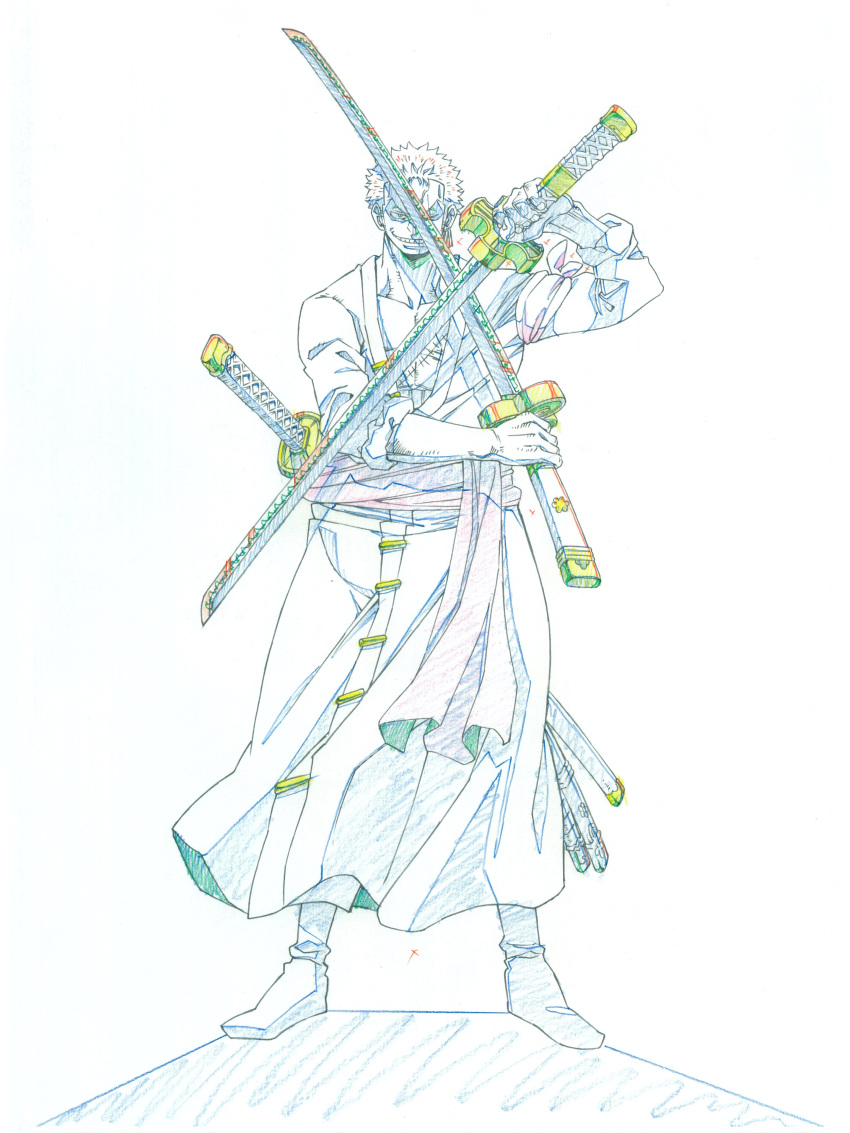 1boy absurdres artist_request earrings fighting_stance happy highres japanese_clothes jewelry katana looking_at_viewer official_art one_piece roronoa_zoro scar scar_across_eye scar_on_chest short_hair simple_background sketch smile solo source_request standing sword weapon white_background