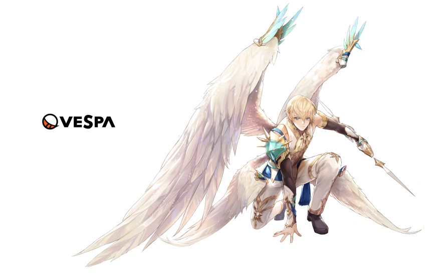 1boy arm_support blonde_hair blue_eyes character_request company_name detached_sleeves ezu_(leejiyu) feathered_wings full_body highres king's_raid looking_at_viewer male_focus multiple_wings official_art one_knee pointy_ears polearm solo transparent_background weapon white_wings wing_ornament wings