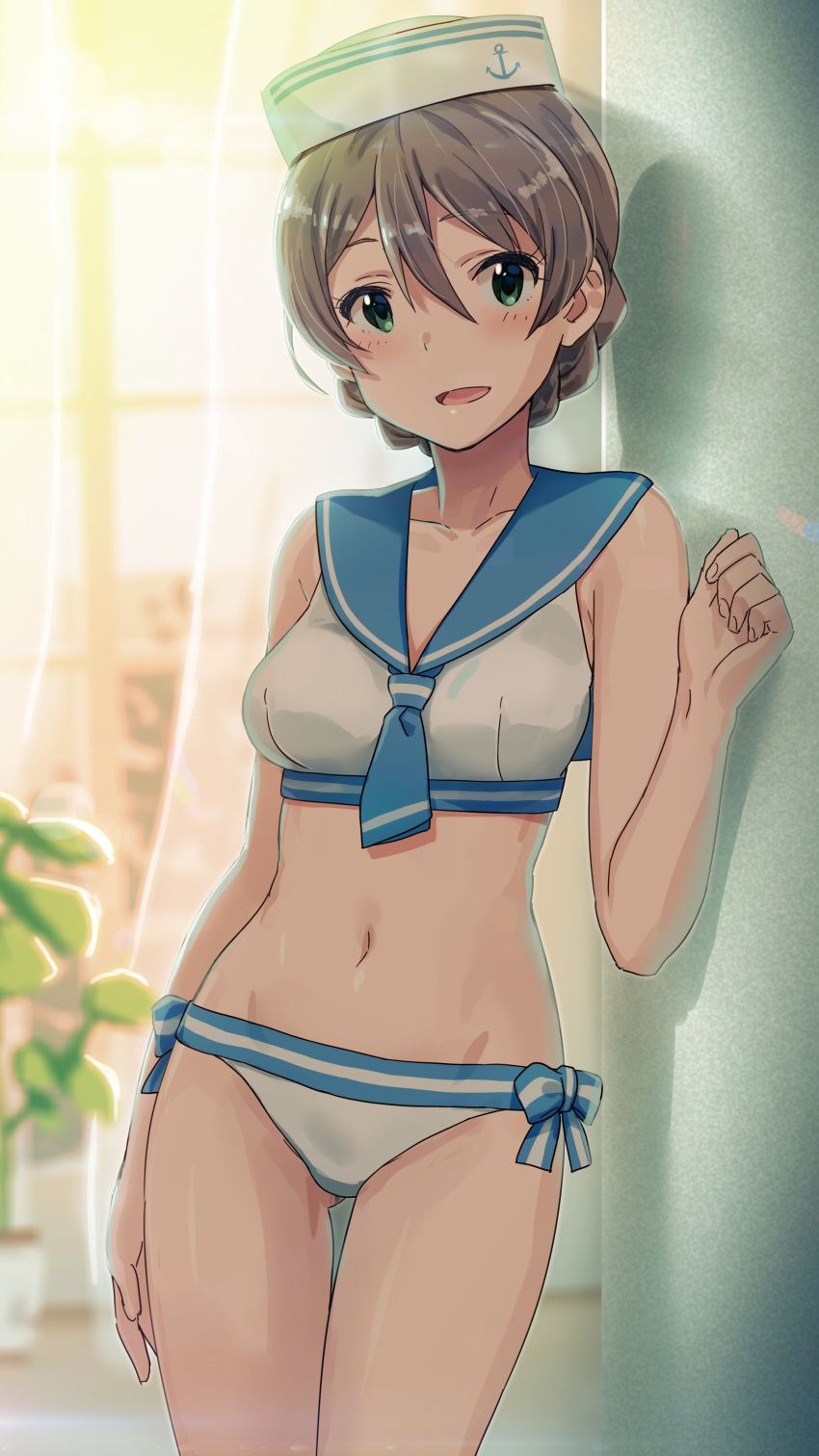 1girl absurdres aumann bangs bare_shoulders bikini blue_bow blue_neckwear blue_sailor_collar blush bow braid breasts collarbone commentary_request curtains green_eyes hand_up hat highres idolmaster idolmaster_million_live! indoors light_brown_hair looking_at_viewer medium_breasts navel neckerchief open_mouth sailor_bikini sailor_collar sailor_hat sailor_swimsuit_(idolmaster) sakuramori_kaori side_braid smile solo sunlight swept_bangs swimsuit thighs waist white_bikini window