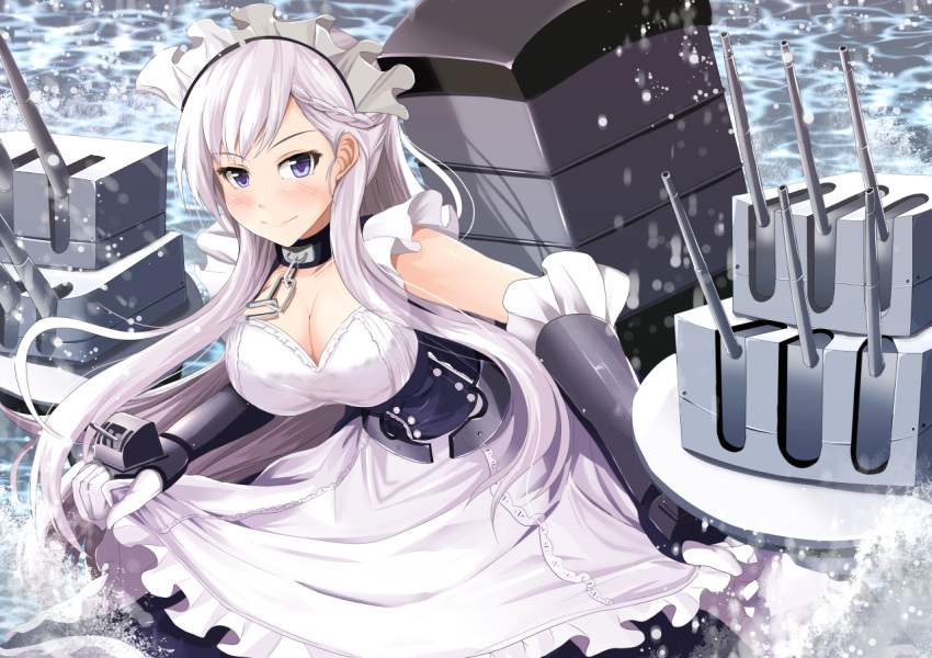 1girl apron azur_lane belfast_(azur_lane) blush braid breasts cleavage commentary_request french_braid kanzaki_kureha large_breasts leaning_forward long_hair looking_at_viewer machinery maid maid_apron maid_headdress ocean silver_hair skirt skirt_lift smile solo turret violet_eyes