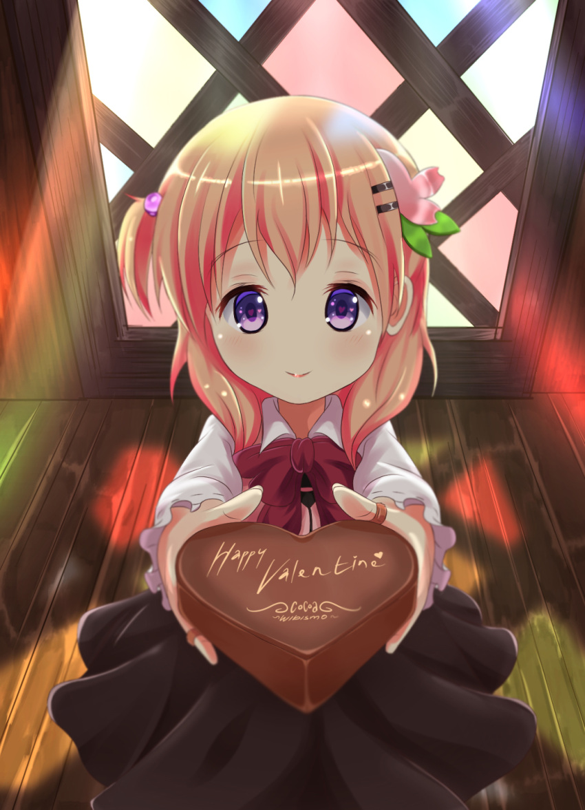 1girl bangs black_skirt blush bow bowtie chocolate chocolate_heart closed_mouth collared_shirt commentary english eyebrows_visible_through_hair food foreshortening gochuumon_wa_usagi_desu_ka? hair_bobbles hair_ornament hairclip heart highres holding holding_food hoto_cocoa incoming_gift indoors long_hair long_sleeves looking_at_viewer one_side_up orange_hair pink_vest rabbit_house_uniform red_neckwear shirt skirt smile solo standing valentine violet_eyes white_shirt wing_collar wooden_floor youthpaint