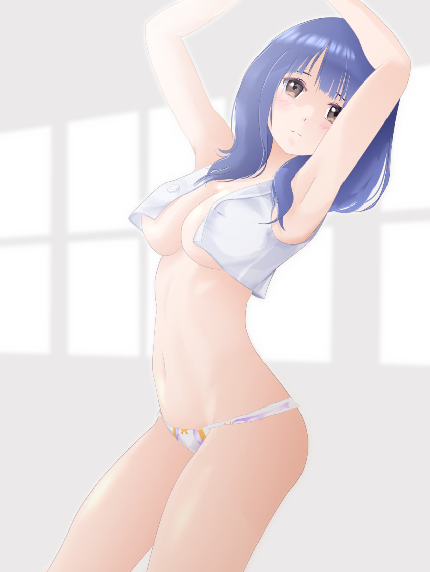 1girl armpits arms_up bangs blue_hair blurry blurry_background bow bow_panties breasts brown_eyes cleavage closed_mouth cowboy_shot crop_top frilled_panties frills from_side highres long_hair looking_at_viewer medium_breasts navel no_bra no_pants ohjin open_clothes open_shirt panties seaside_muramoto shirt sleeveless sleeveless_shirt solo standing tag_force unbuttoned unbuttoned_shirt underwear white_panties yu-gi-oh!