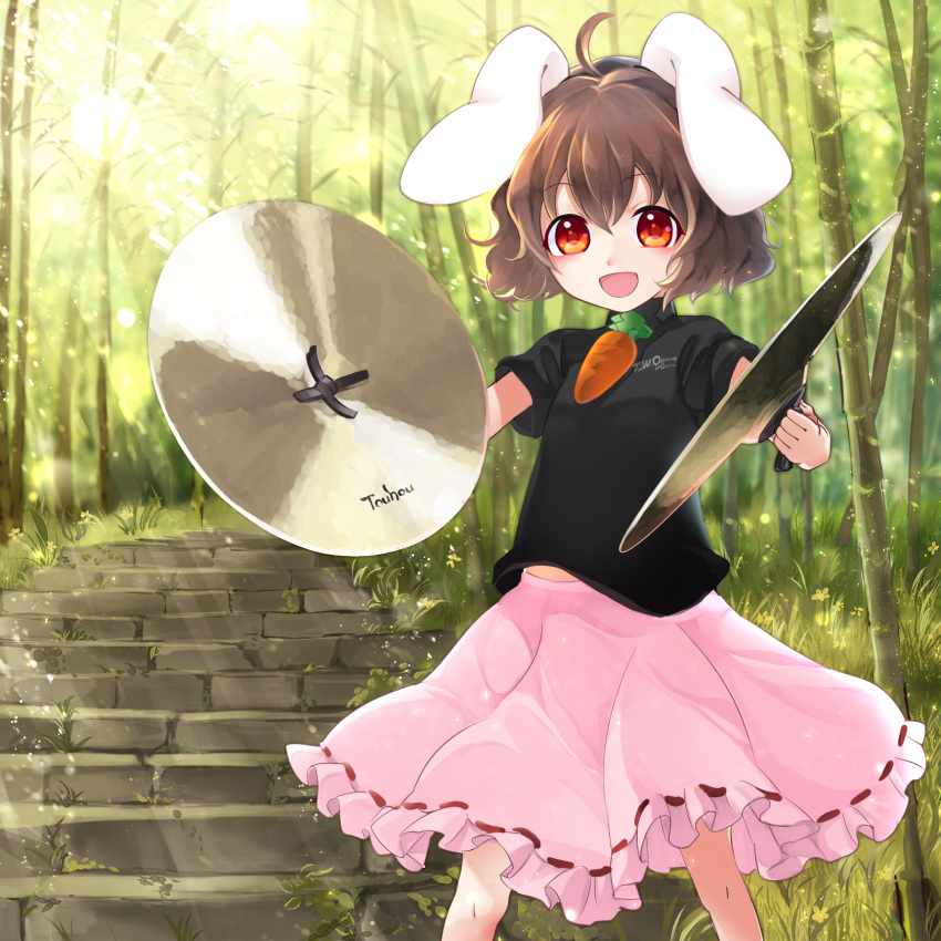 1girl ahoge animal_ears annojou_haruto black_shirt blush brown_hair carrot_necklace commentary_request copyright_name cowboy_shot day eyebrows_visible_through_hair forest frilled_skirt frills highres holding inaba_tewi instrument jewelry looking_at_viewer music nature outdoors pendant pink_skirt playing_instrument rabbit_ears red_eyes ribbon-trimmed_skirt ribbon_trim shirt short_hair skirt solo stairs standing sunlight tareme touhou