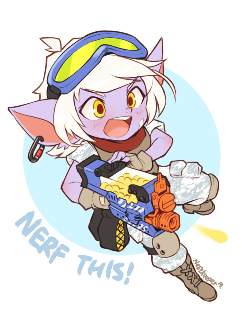! 1girl alternate_costume blush english full_body gun highres league_of_legends nestkeeper open_mouth red_scarf scarf short_hair simple_background solo text tristana weapon white_background white_hair yellow_eyes yordle