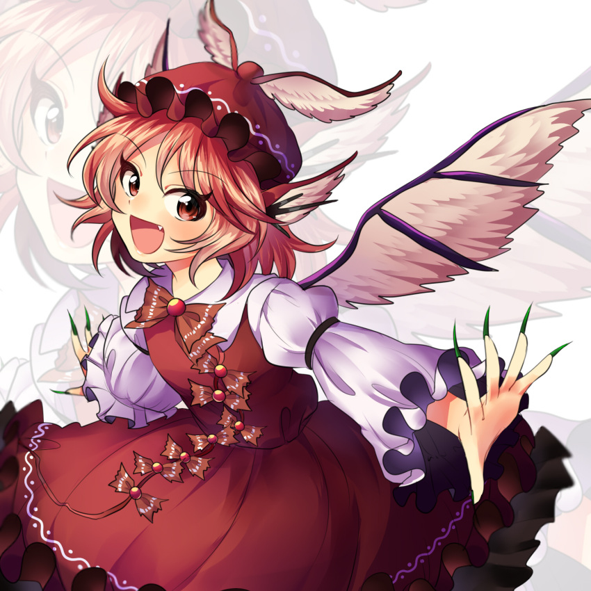 1girl :d arm_strap bird_wings brown_dress cowboy_shot dress eyebrows_visible_through_hair fang feathered_wings green_nails hat highres kurose_(enstnrundead) leaning_forward long_nails long_sleeves looking_at_viewer mystia_lorelei nail_polish open_mouth outstretched_arms pink_hair red_eyes short_hair simple_background smile solo spread_arms talons touhou white_background wings zoom_layer