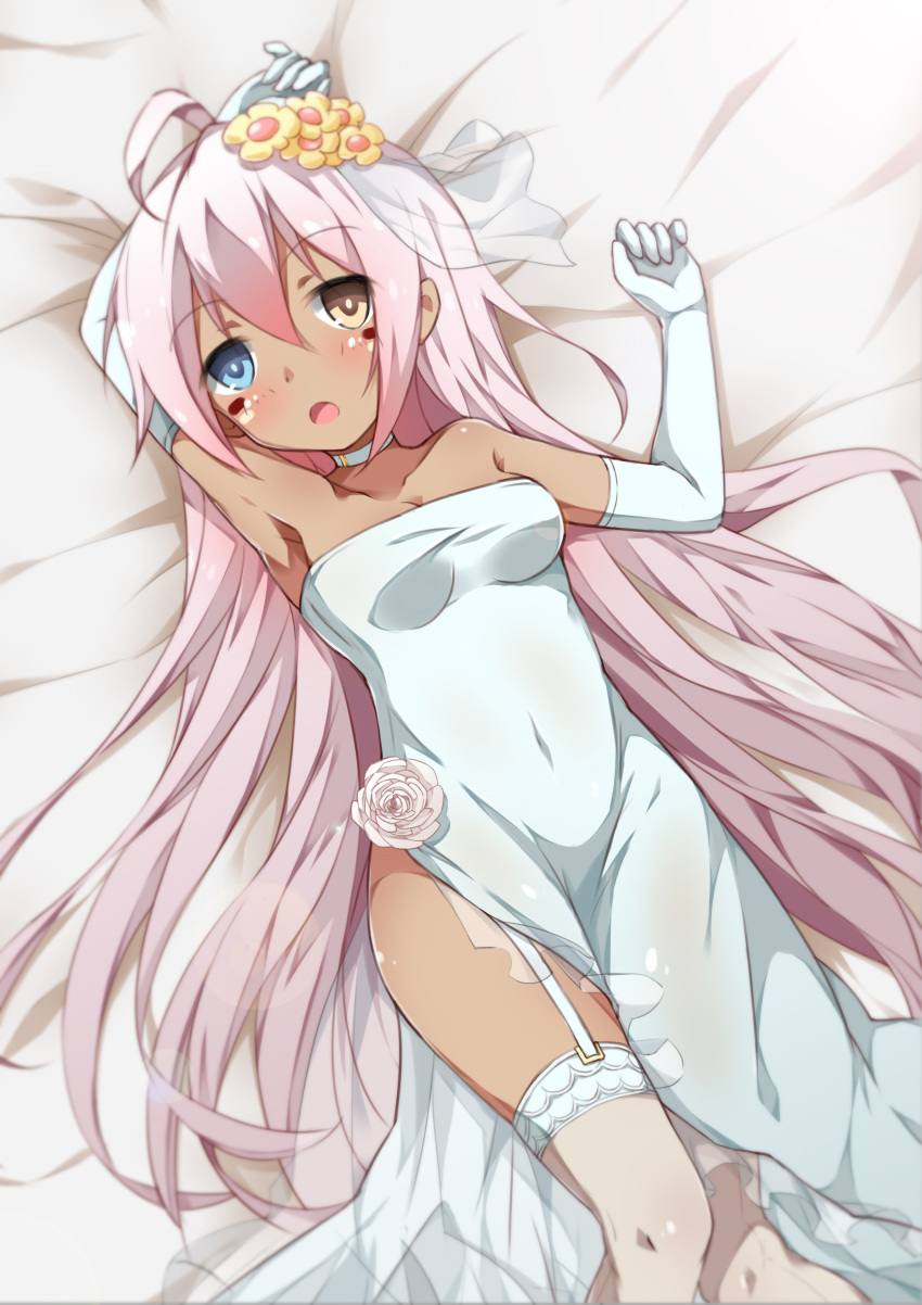 1girl absurdres ahoge alternate_costume alternate_hairstyle arms_up artist_request azur_lane bare_shoulders blue_eyes blush breasts bridal_veil choker covered_navel dark_skin dress facepaint flower garter_straps gloves gradient_hair hair_between_eyes hair_down hair_flower hair_ornament heterochromia highres indianapolis_(azur_lane) long_hair looking_at_viewer lying medium_breasts multicolored_hair on_back open_mouth see-through side_slit solo strapless strapless_dress thigh-highs veil very_long_hair wedding_dress white_dress white_flower white_gloves white_legwear yellow_eyes