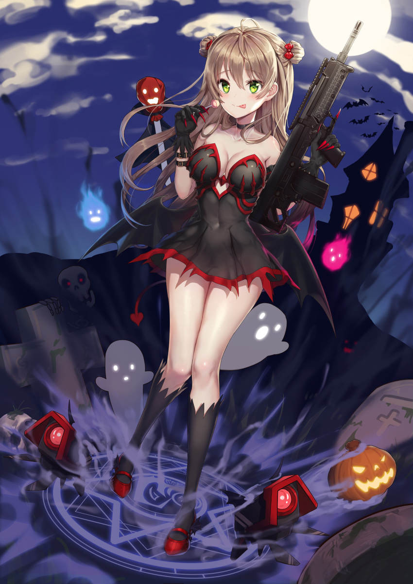 1girl :p absurdres ahoge alternate_costume arm_belt bangs bare_shoulders bat black_dress black_gloves black_legwear black_neckwear blush bow breasts brown_hair buckle bullpup candy choker cleavage closed_mouth clouds collarbone covered_navel demon_tail dinergate_(girls_frontline) double_bun dress eyebrows_visible_through_hair fingernails food full_body full_moon ghost girls_frontline gloves greem_bang green_eyes gun hair_between_eyes hair_bow halloween_costume highres holding holding_candy holding_gun holding_lollipop holding_weapon jack-o'-lantern kel-tec kel-tec_rfb kneehighs knees_together_feet_apart light_brown_hair lollipop long_fingernails long_hair looking_at_viewer magic_circle medium_breasts moon nail_polish pentagram red_bow red_footwear red_nails rfb_(girls_frontline) rifle shoes short_dress skeleton solo standing star strapless strapless_dress tail tareme thighs tombstone tongue tongue_out trigger_discipline very_long_hair weapon winged_shoes wings