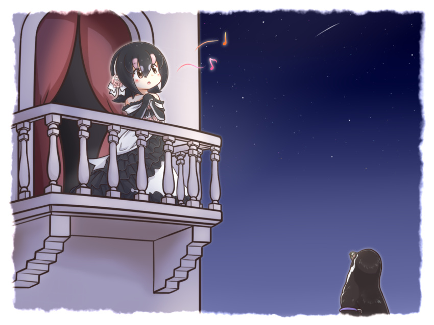 1girl balcony bare_shoulders bird black_hair blue_sky blush brown_eyes commentary_request curtains dress elbow_gloves flower flower_ornament frilled_dress frills gloves grape-kun hair_flower hair_ornament hairband humboldt_penguin_(kemono_friends) kemono_friends long_dress looking_up mofu_mofu music musical_note night night_sky outdoors parody parted_lips penguin romeo_and_juliet shooting_star singing sky spoken_musical_note star_(sky) starry_sky