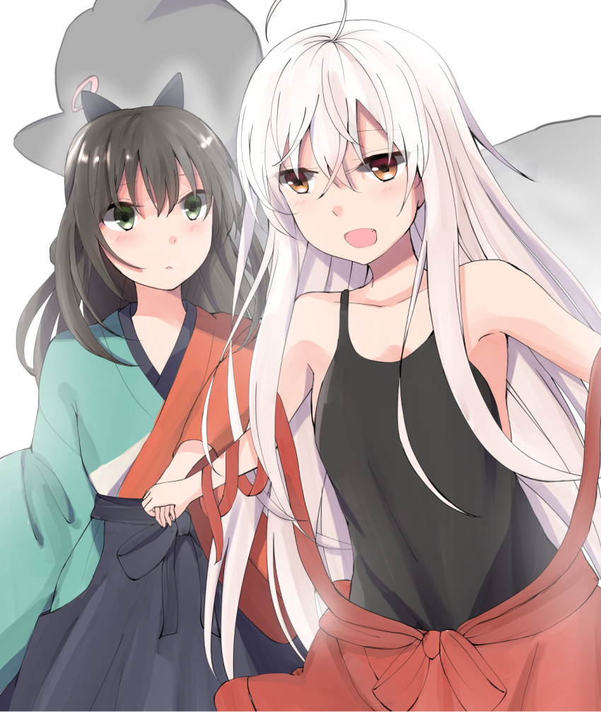 2girls ahoge bangs bare_shoulders black_bow black_hair black_shirt blue_hakama blush bow breasts chiya_(urara_meirochou) closed_mouth collarbone commentary_request cowboy_shot green_eyes hair_between_eyes hair_bow hakama halter_top halterneck hekishiru highres hip_vent japanese_clothes kimono kurou_(urara_meirochou) long_hair long_sleeves looking_at_another medium_breasts multicolored multicolored_clothes multicolored_kimono multiple_girls open_mouth red_eyes red_skirt shirt sidelocks skirt sleeveless sleeveless_shirt standing tatsumi_kon urara_meirochou white_background white_hair wide_sleeves