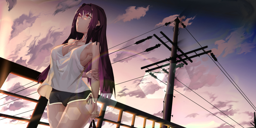 1girl :o alternate_costume arm_behind_back backlighting bangs bare_arms bare_shoulders black_panties black_shorts blush breasts casual cleavage clouds cloudy_sky collarbone day fate_(series) fence from_below gym_shorts hand_holding highres large_breasts lens_flare long_hair looking_away looking_up outdoors panties parted_lips purple_hair scathach_(fate/grand_order) short_shorts shorts side-tie_panties sky sleeveless solo tank_top telephone_pole tok underwear very_long_hair violet_eyes