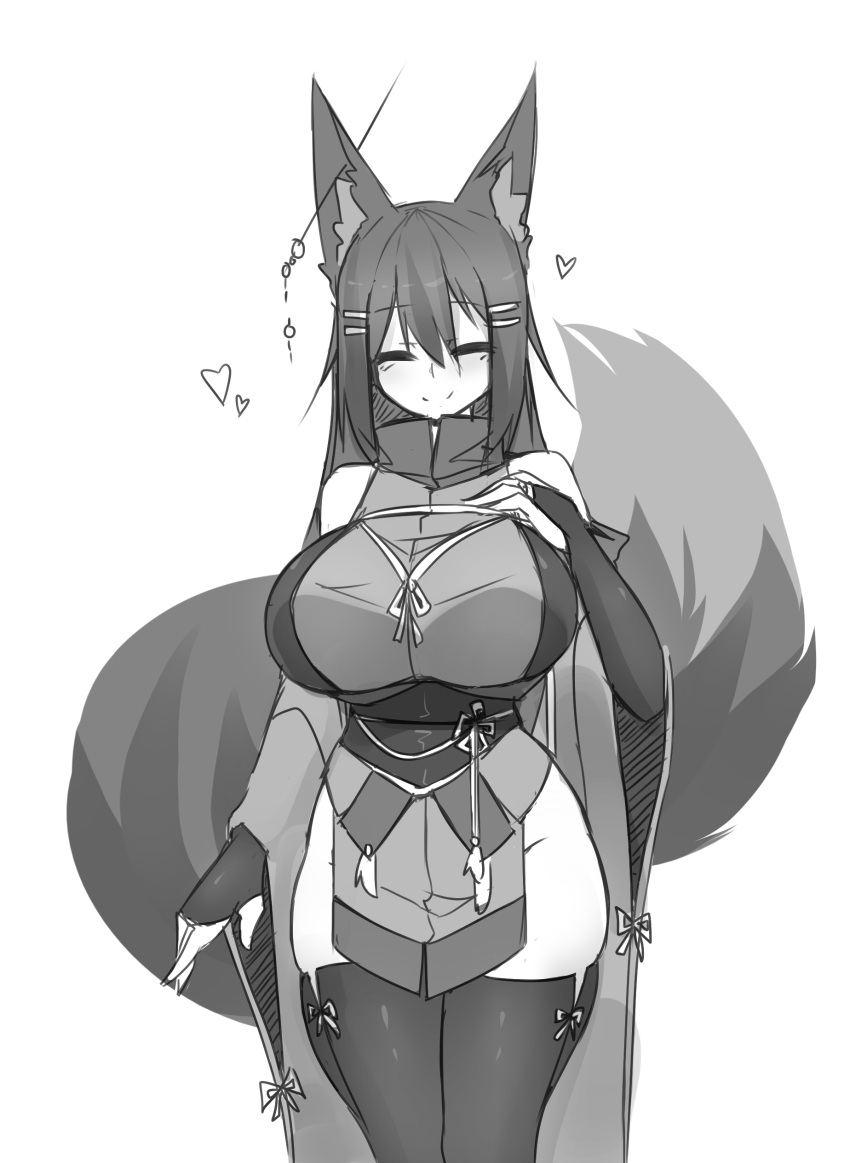 1girl =_= absurdres animal_ears bangs bare_shoulders blush breasts bridal_gauntlets closed_eyes commentary cowboy_shot eyebrows_visible_through_hair facing_viewer fox_ears fox_tail greyscale hair_between_eyes hair_ornament hairclip hairpin hand_on_own_chest heart highres huge_breasts japanese_clothes kimono kiri_(sub-res) legs_together long_hair monochrome obi original sash simple_background skindentation smile solo standing sub-res tail thigh-highs thighs white_background