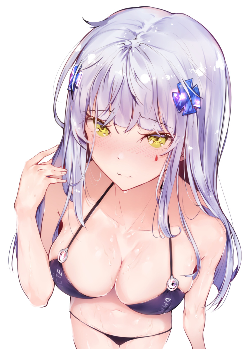 1girl bangs bikini black_bikini blunt_bangs blush breasts cleavage closed_mouth collarbone eyebrows_visible_through_hair facial_mark from_above girls_frontline green_eyes hair_ornament hand_up highres hk416_(girls_frontline) hplay long_hair looking_at_viewer medium_breasts navel sidelocks silver_hair simple_background solo swimsuit teardrop wet white_background