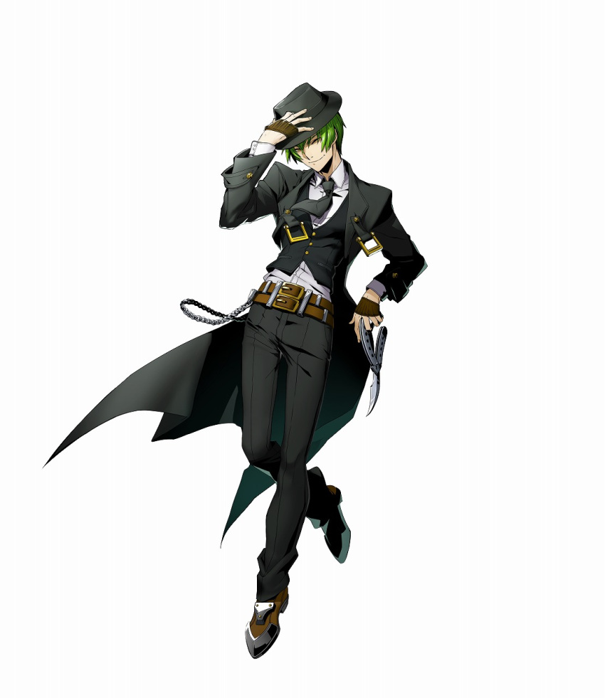 1boy blazblue blazblue:_cross_tag_battle fedora green_hair hat hazama highres higuchi_konomi official_art one_eye_closed solo