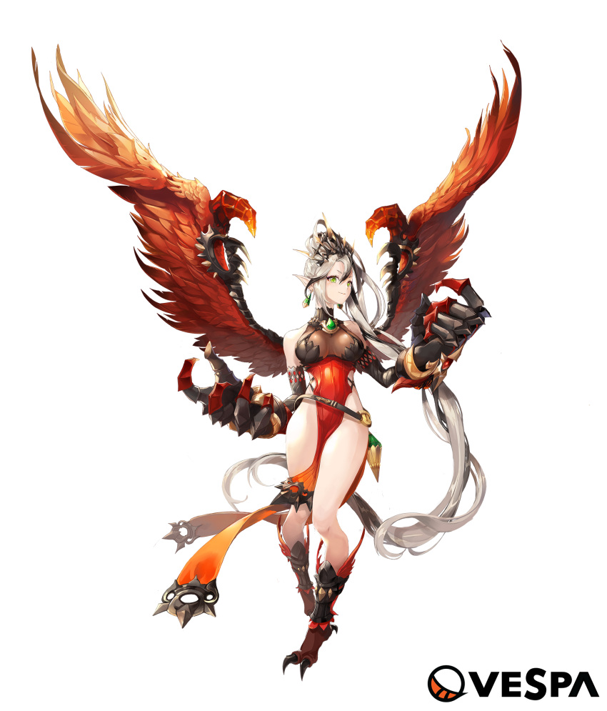 1girl armor bare_shoulders black_hair breasts claw_(weapon) claws company_name crown dress earrings ezu_(leejiyu) feathered_wings full_body gem gradient_hair green_eyes harpy highres hips jewelry king's_raid large_breasts long_hair looking_at_viewer loose_belt monster_girl multicolored_hair naila_(king's_raid) no_panties official_art pelvic_curtain pointy_ears red_dress red_wings silver_hair smile solo transparent_background very_long_hair weapon wings