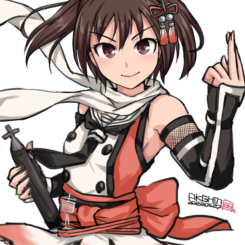 1girl black_gloves black_neckerchief brown_eyes brown_hair buttons commentary_request double-breasted elbow_gloves fingerless_gloves gauntlets gloves hamu_agaki highres kantai_collection neckerchief one-hour_drawing_challenge sailor_collar scarf school_uniform sendai_(kancolle) serafuku short_hair sleeveless solo torpedo two_side_up white_sailor_collar white_scarf