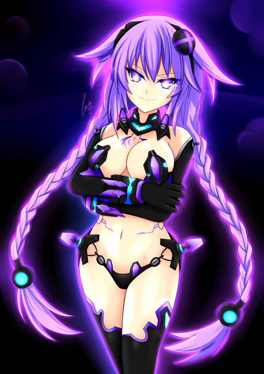 1girl absurdres artist_name aura bare_shoulders blue_eyes braid breasts cleavage crossed_arms cundodeviant dark_aura dark_persona elbow_gloves evil_smile gloves glowing glowing_eyes headgear highres large_breasts long_hair looking_at_viewer micro_bra navel nepnep_connect:_chaos_chanpuru neptune_(series) purple_hair purple_heart purple_heart_(chaos_form) smile solo tattoo thigh-highs twin_braids twintails very_long_hair